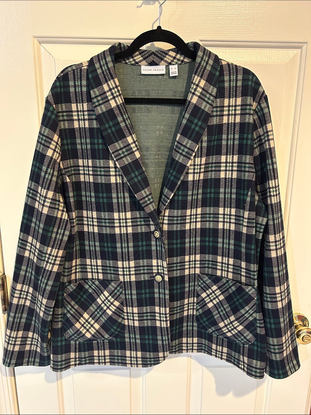 Susan Graver Emerald/Navy Regular Jacquard Knit Plaid Shawl Collar Blazer